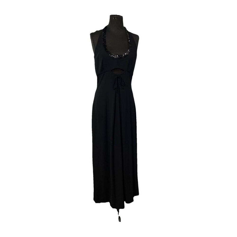 Adrianna Papell Evening Black  Halter‎ Dress Open Back Maxi Collar Sequin Sz 12